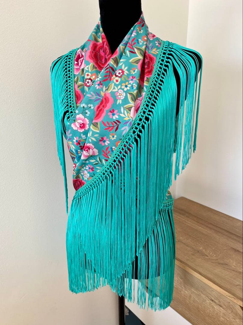 フラメンコ　マントンシージョ ブルーグリーンxマントン風花柄　ブルグリフレコ