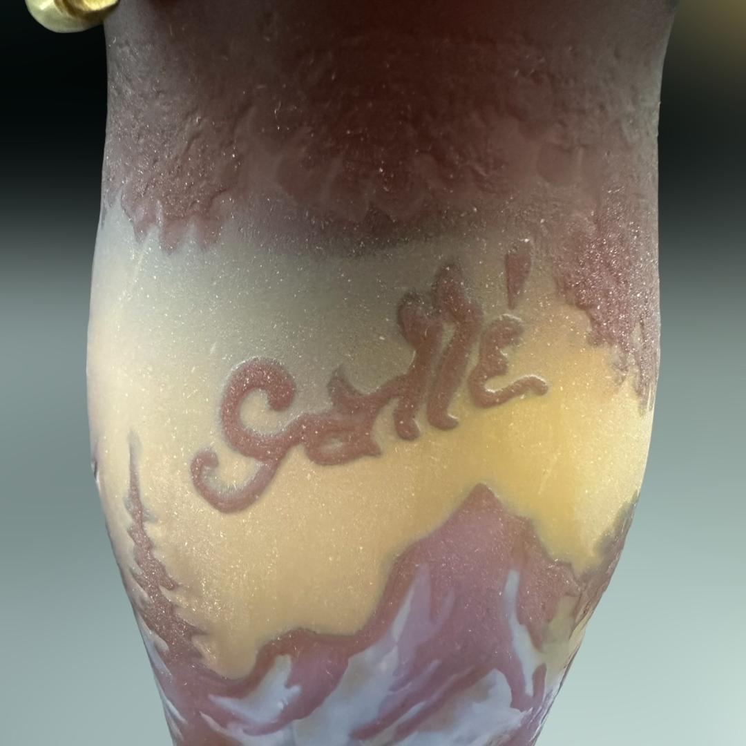 エミールガレ 2灯　山景文　台座真鍮　カメオ彫り　被せガラス　高さ32cm