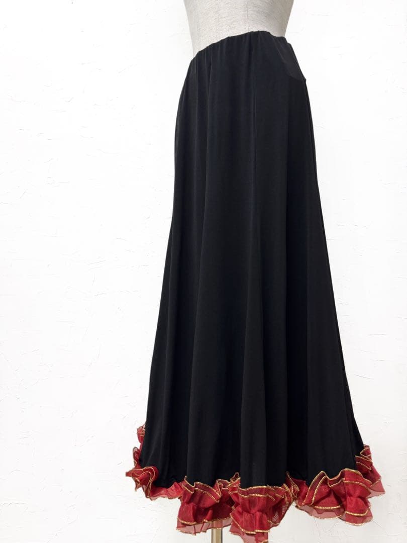 【マキシ丈】新品　黒と赤のフリル付き社交ダンススカートｐ496