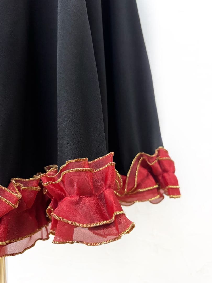 【マキシ丈】新品　黒と赤のフリル付き社交ダンススカートｐ496