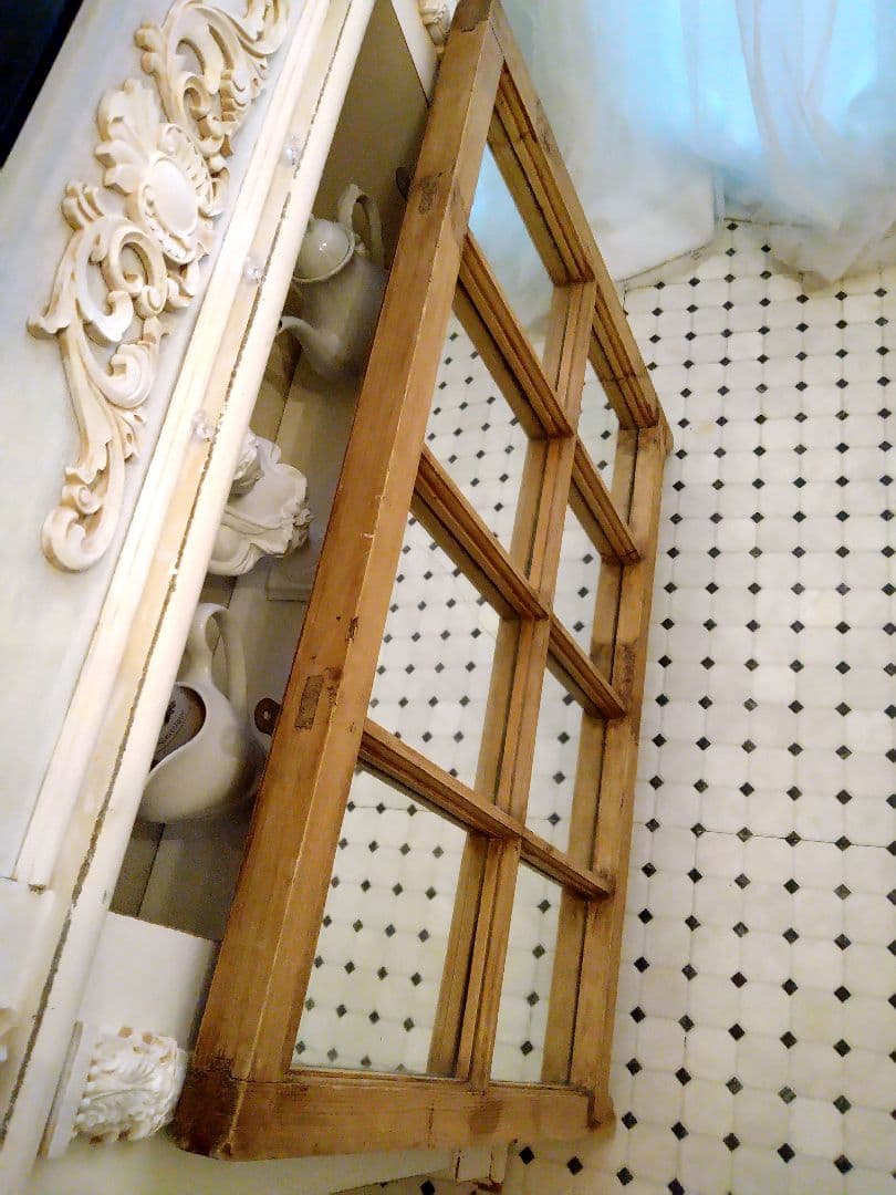 ※最終価格※　フランスアンティークミラー　パイン材　窓枠デザイン
