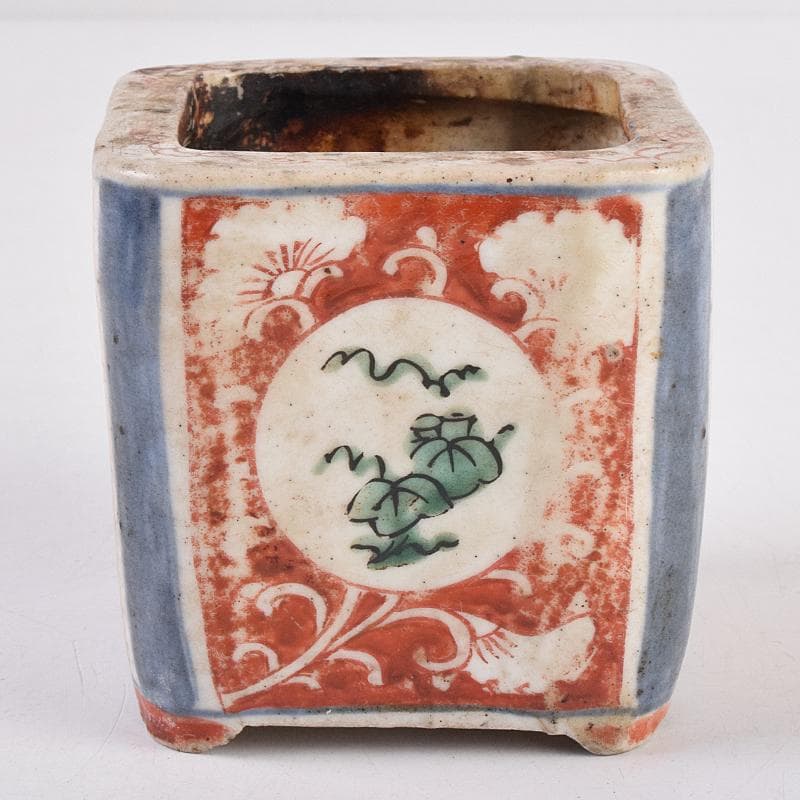 九谷焼　古九谷　1650年代　赤絵　花草文　四方香炉　鑑定書箱書　M　R8915