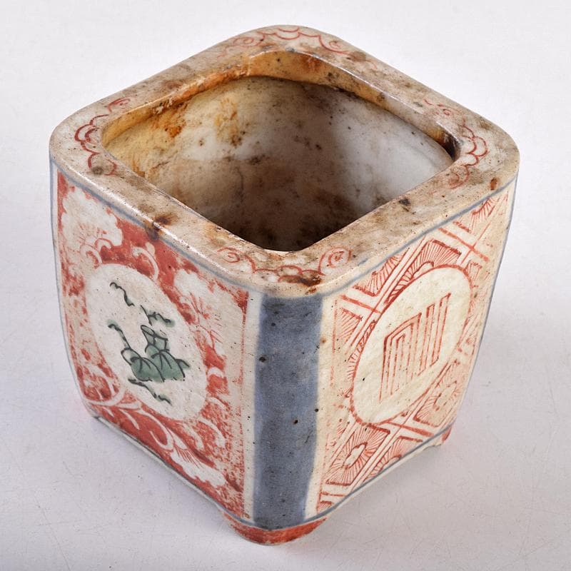 九谷焼　古九谷　1650年代　赤絵　花草文　四方香炉　鑑定書箱書　M　R8915