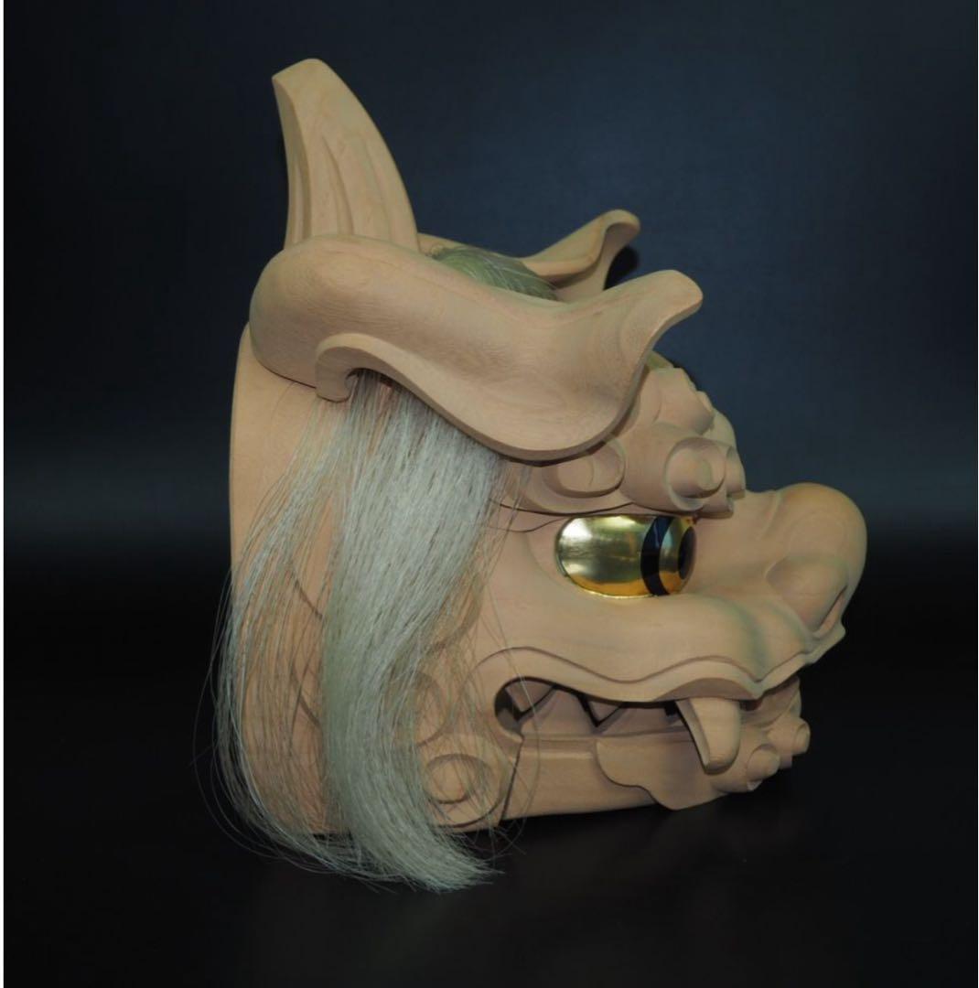 送料無料　富山県無形文化財　横山一夢作　木彫獅子頭　共箱共布作歴付　日展彫刻家