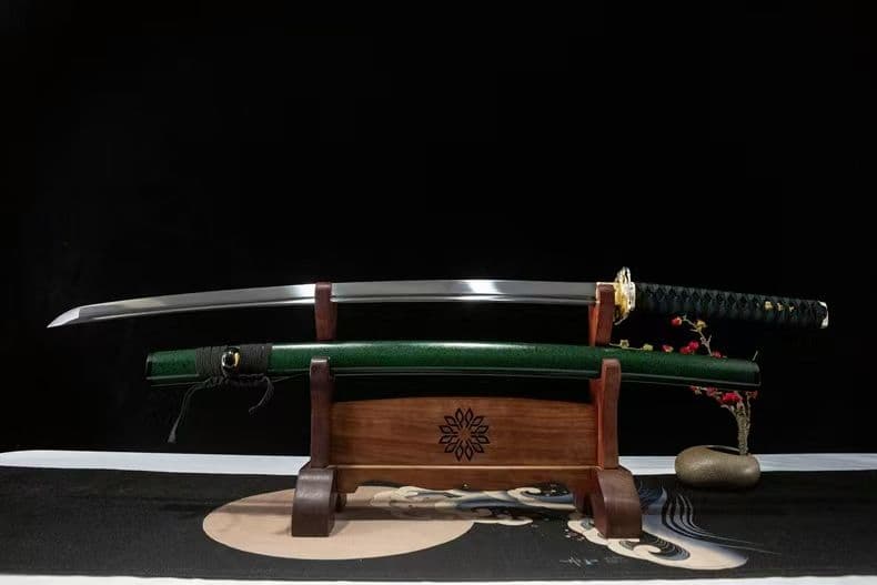 ３日内速達 緑魔太刀1060高マンガン鋼模造刀金豹刀鍔緑鞘青紐居合練習用日本刀