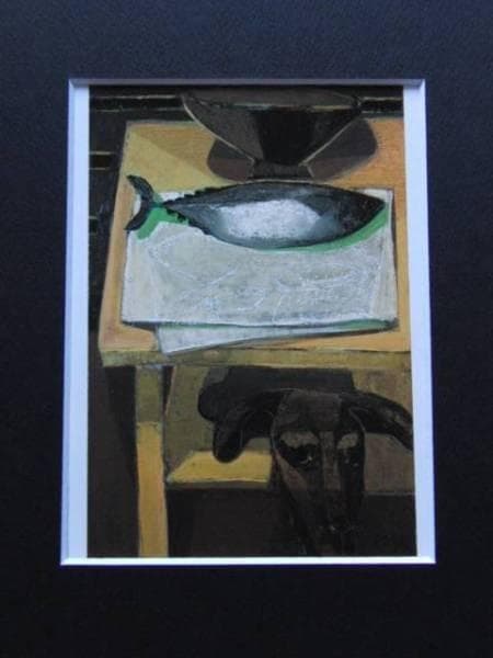 香月 泰男、鰹と犬、希少な画集より、版上刷サイン入、 新品高級額装付