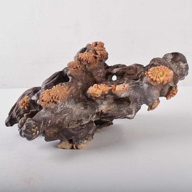 中国　玉石昌化鶏血石　魚蟹海老花刻　置物　床飾　約6㎏　F　R7946B