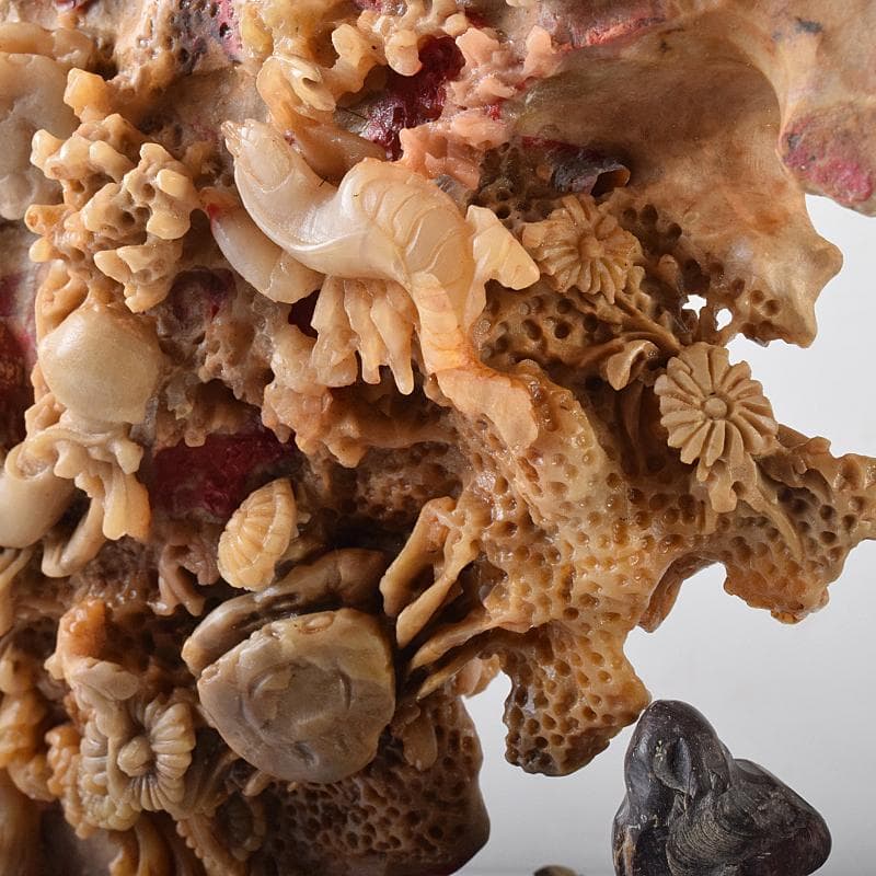 中国　玉石昌化鶏血石　魚蟹海老花刻　置物　床飾　約6㎏　F　R7946B