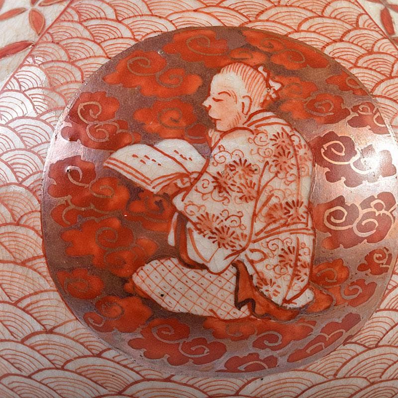 九谷焼　赤絵　人物文　葫蘆瓶　徳利　時代箱付　M　R8640