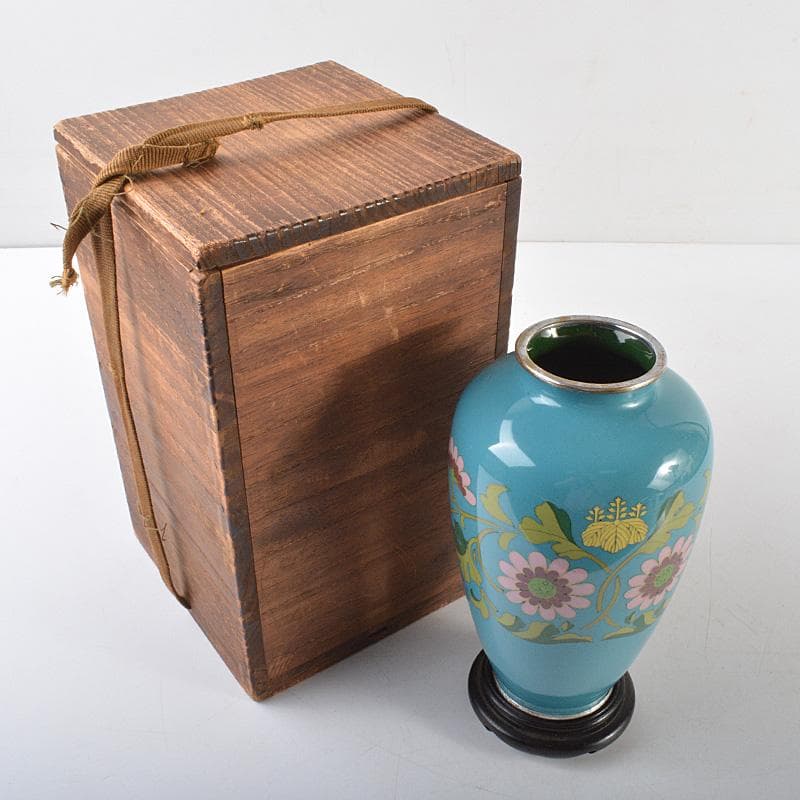 七宝焼　花文　花瓶　唐木台付　時代箱　C　R6204