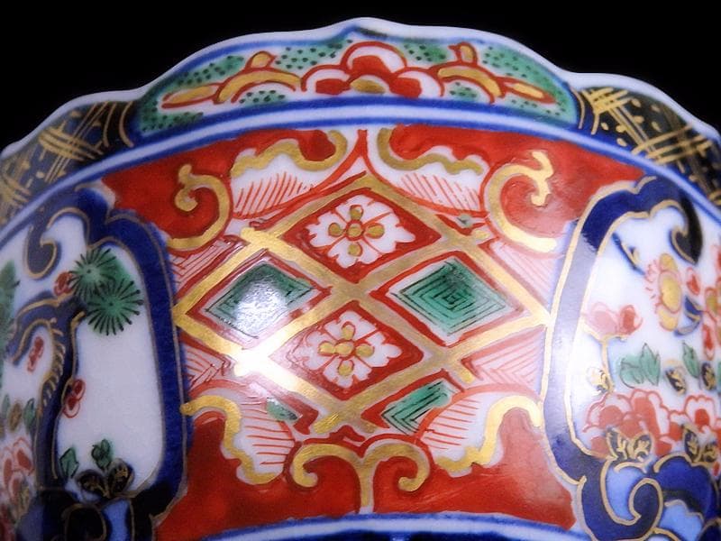 大聖寺伊万里　金襴手　窓絵　松竹梅の図　猪口　５客　E047AS-DCf