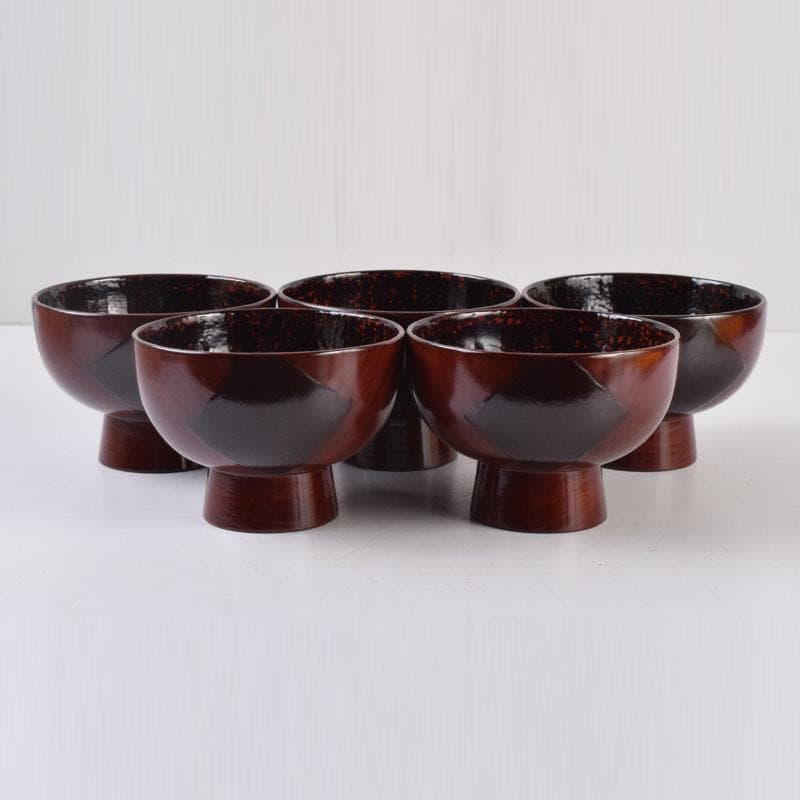 和食器　関谷二男作　漆塗　高台汁椀　五客　共箱　C　8494