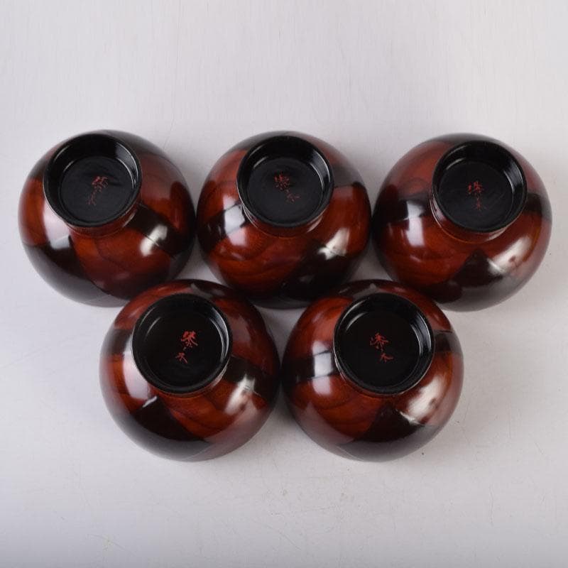 和食器　関谷二男作　漆塗　高台汁椀　五客　共箱　C　8494