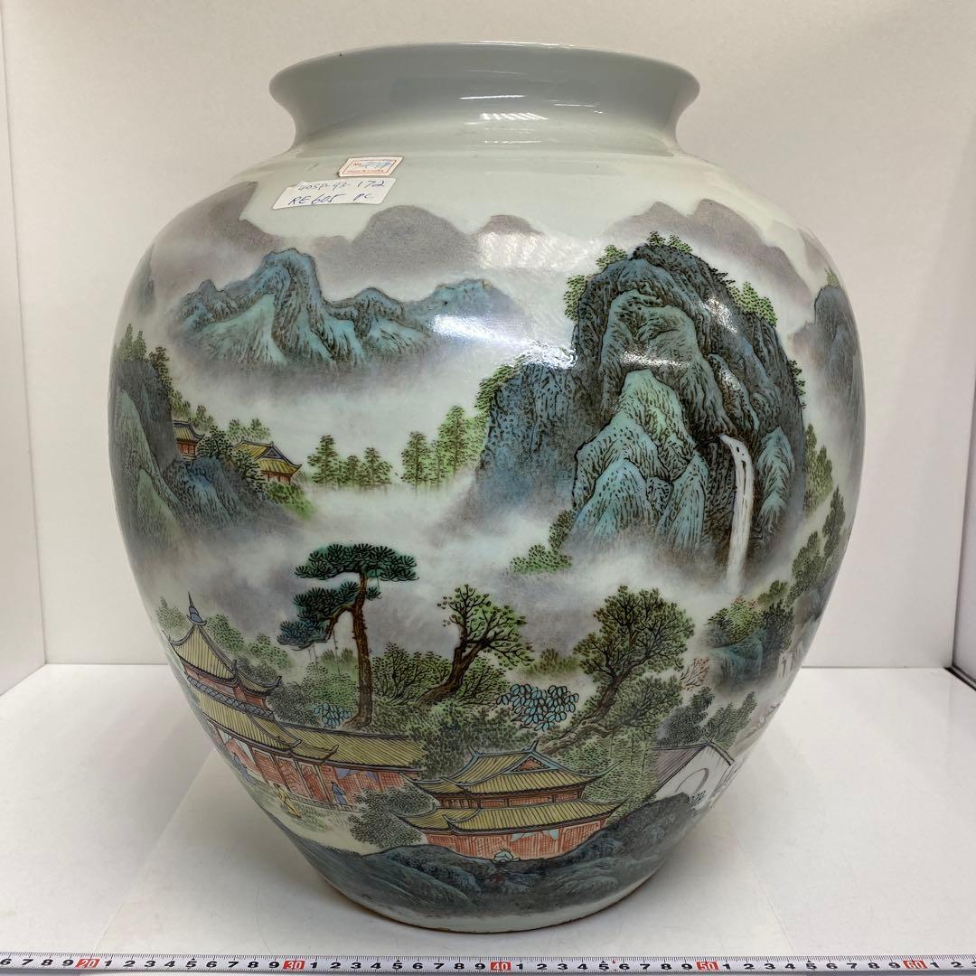 中国美術 粉彩山水画 大壷 H43cm 東キ7-1230① トヒエ