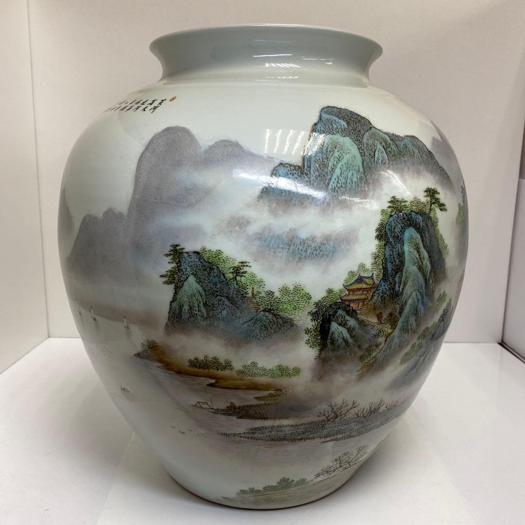 中国美術 粉彩山水画 大壷 H43cm 東キ7-1230① トヒエ