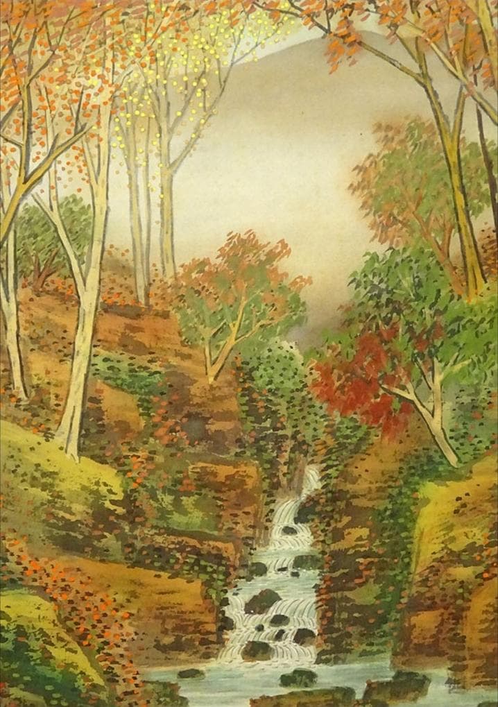 【真作】掛軸 河野華崖『晩秋 秋景山水図』絹本 肉筆 共箱 掛け軸 g01292