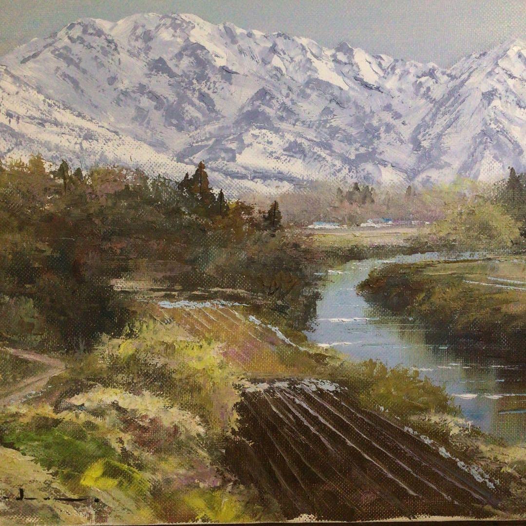 No4035額装　佐田光「南駒ヶ岳」　油彩画　F4号　直筆サイン　美術　送料無料