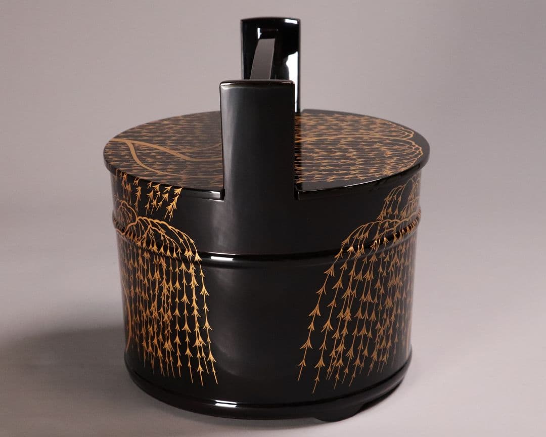 茶道具 輪島塗 若島孝雄 柳 金蒔絵 手桶 水指 共箱 黒塗 木製【MA187】