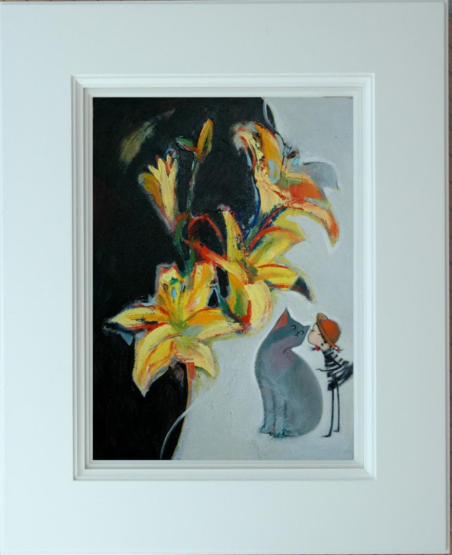 油絵 菅家令子 絵 絵画インテリア額付(黒) uF6-050320 子猫と女の子