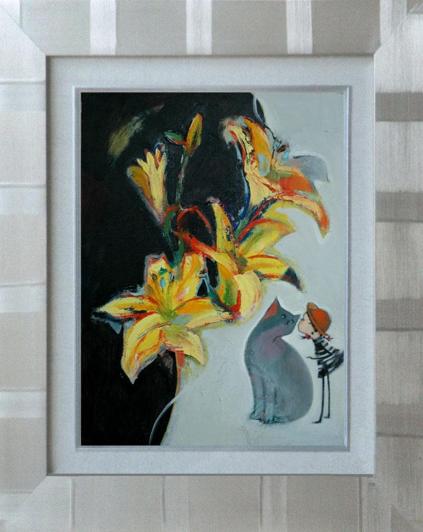 油絵 菅家令子 絵 絵画インテリア額付(黒) uF6-050320 子猫と女の子