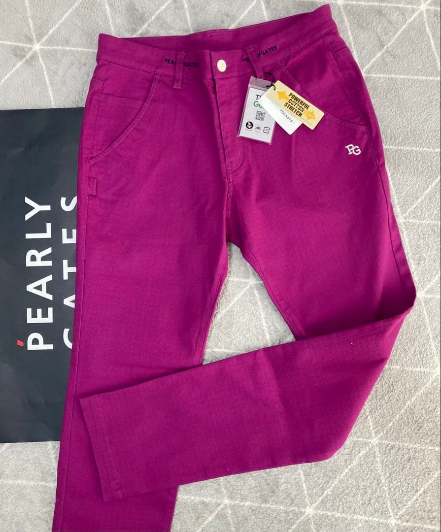 新品 パーリーゲイツ コットンストレッチドビーチェックパンツ(4)サイズM/紫