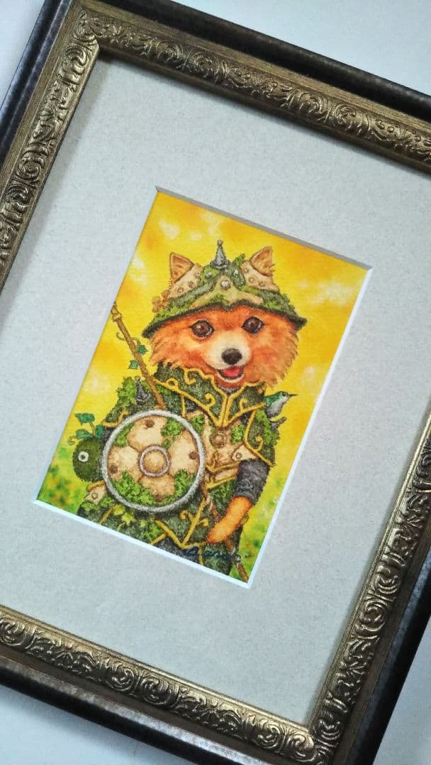 【原画】『苔むした鎧 〜戦士ポルメク〜』（ポメラニアン　犬　絵画　パステル画）