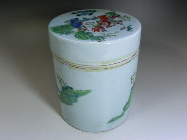 蓋物■中国陶磁器人物色絵合子 茶入 桃松 唐人 蓋鉢 丸筒鉢 入物 古玩 骨董■