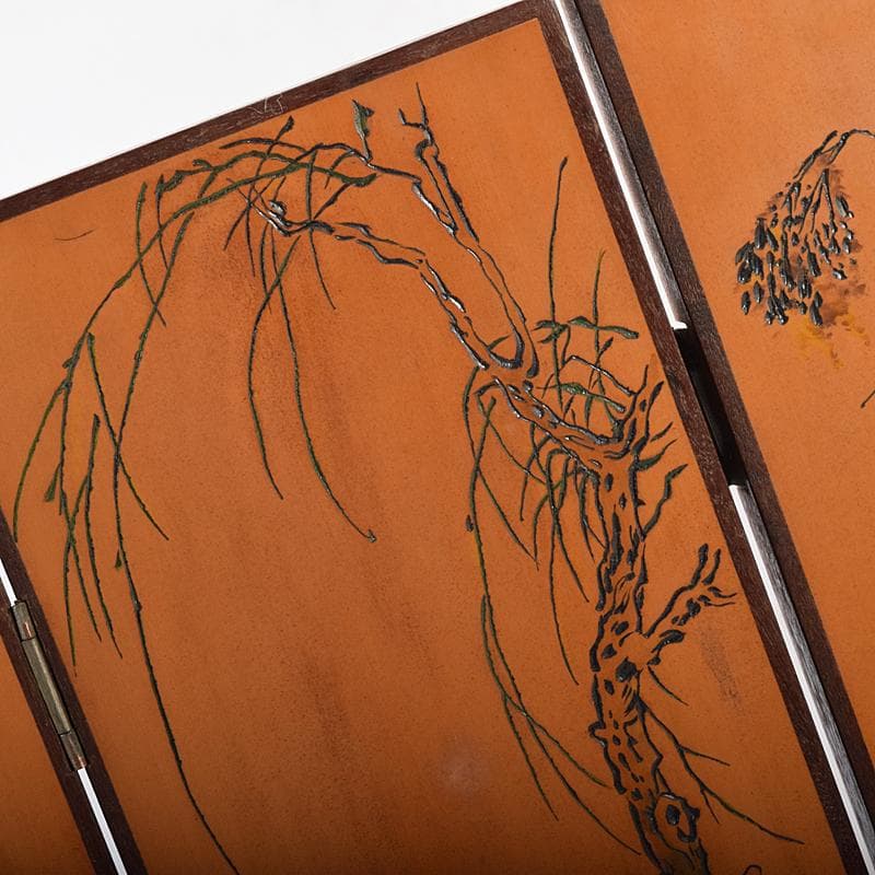 中国　彩色木彫　漢詩鹿虎獅子馬刻　屏風　衝立　D　R8122