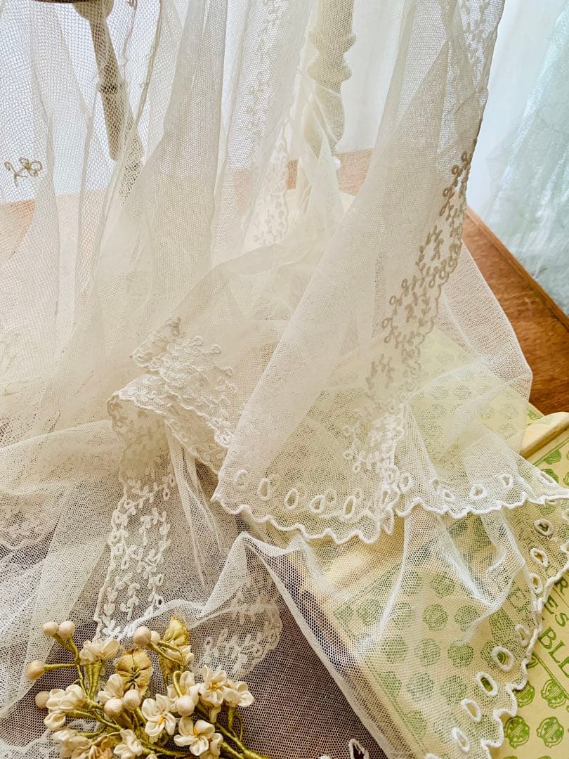 フランスアンティークチュールレースヴェール2点※ エクリュホワイトスカラップ刺繍