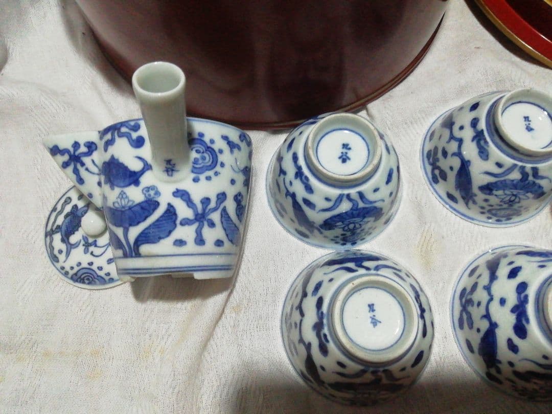 ♪時代九谷染付 煎茶揃い　朱漆茶櫃共