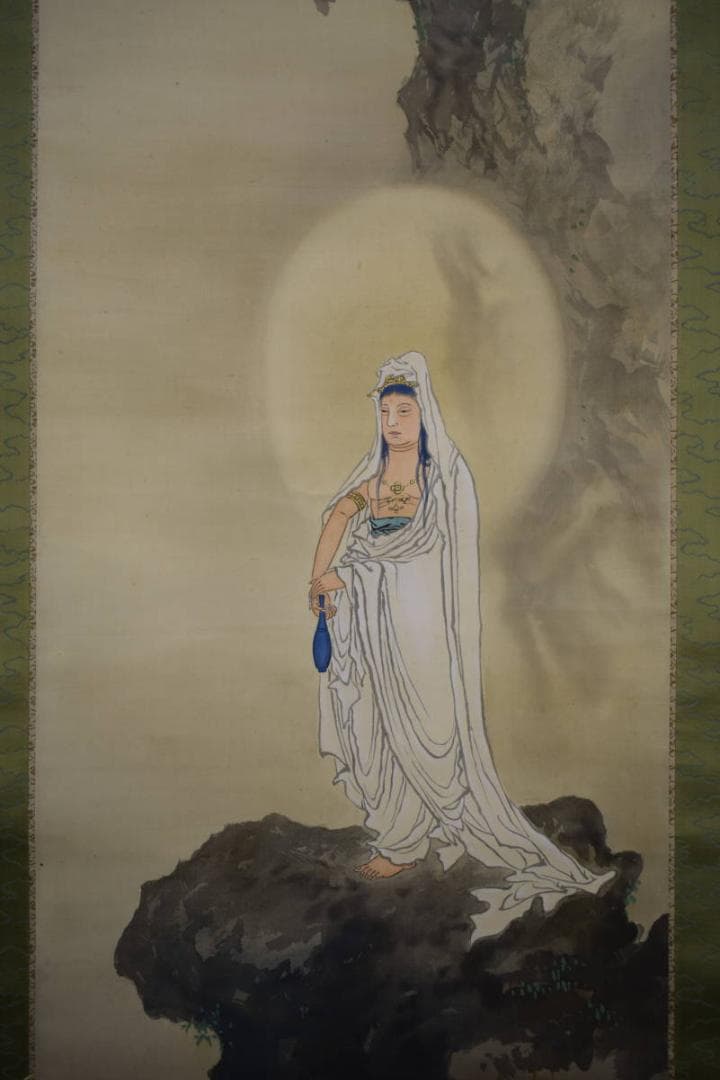 真作/雲案/岩上観音図/布袋屋掛軸HJ-337