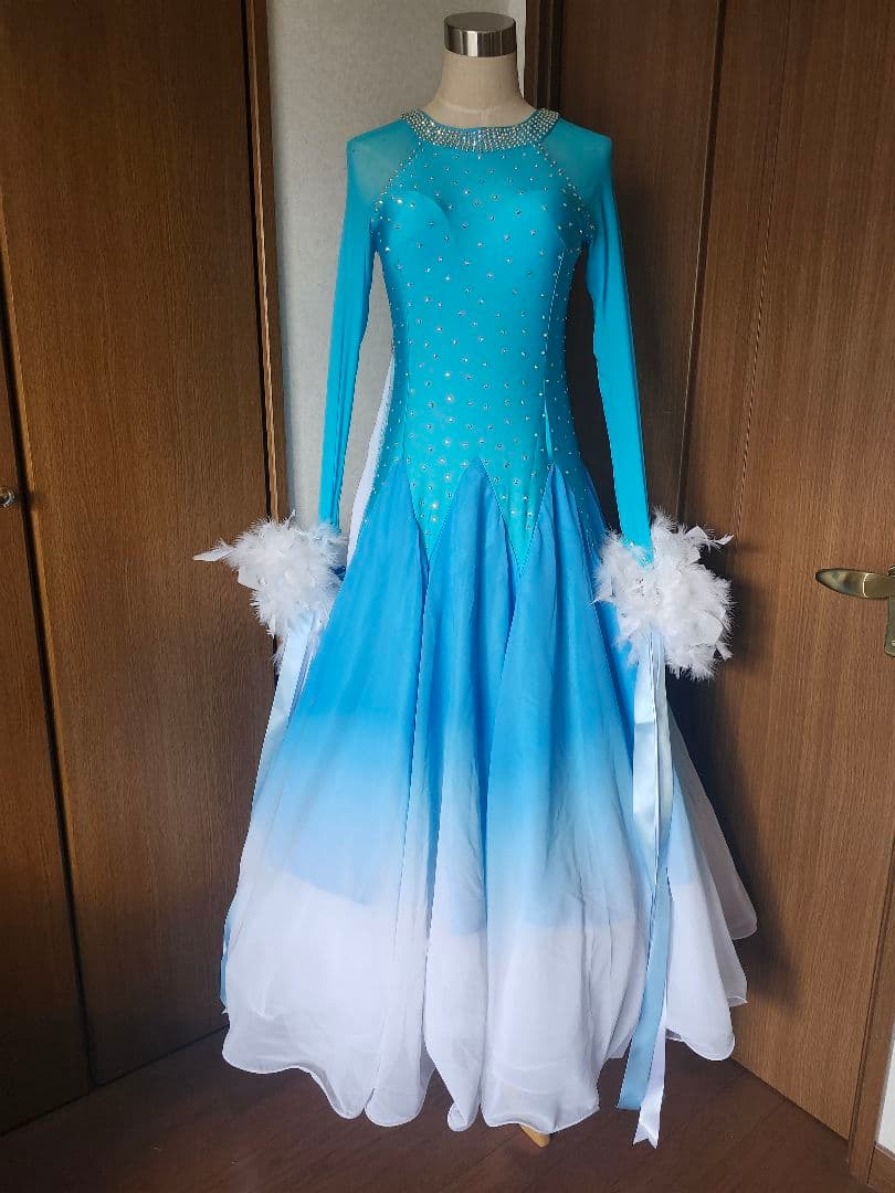 社交ダンス ドレス パーティー 水色 グラデーション スタンダード モダン XL
