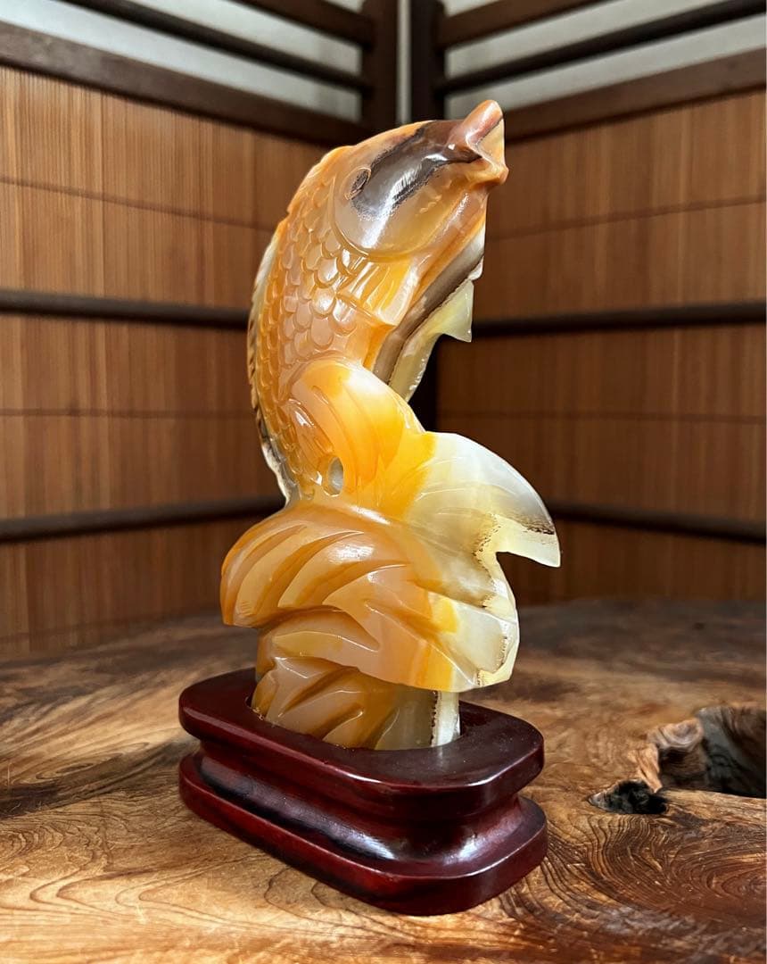 中国美術 時代 瑠璃 玉 昇鯉 台座付き