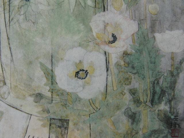 菊川三織子、【白い花】、希少な額装用画集より、新品額装付、状態良好