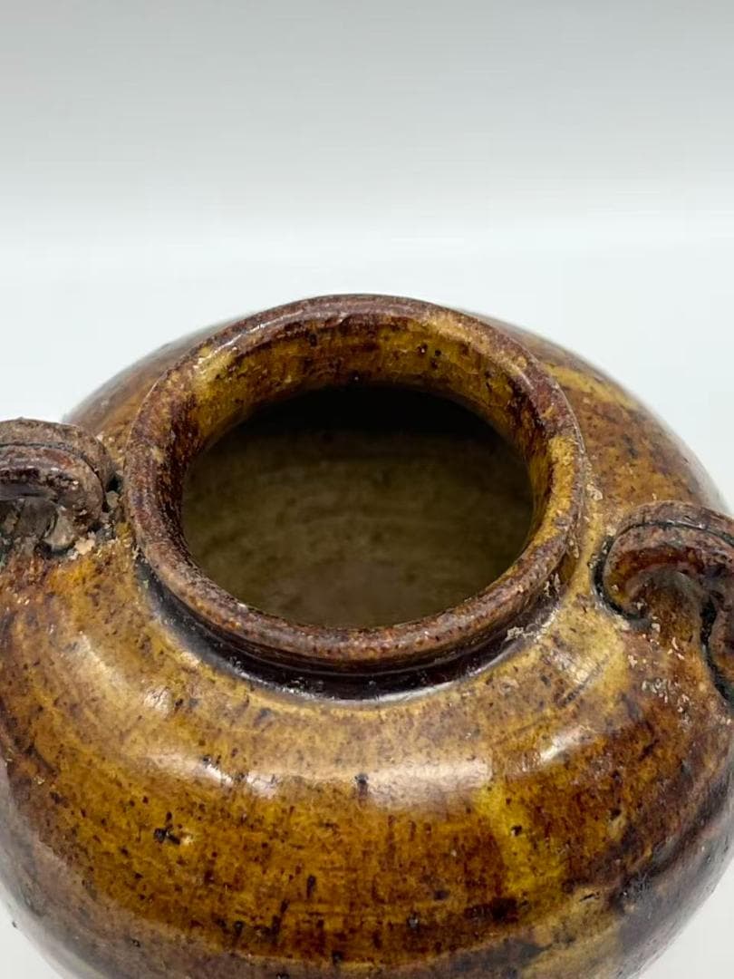 金から元時代　褐釉双耳小壺 茶入　茶道具　水指 酒器 時代物(F-121)