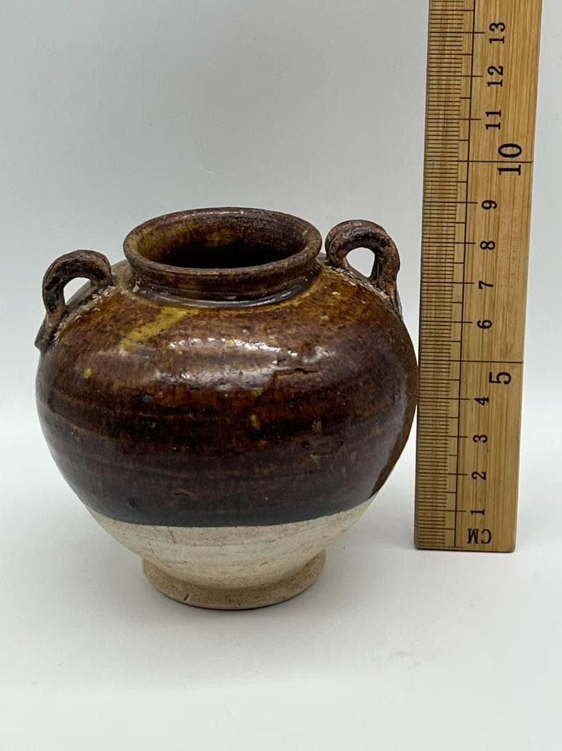 金から元時代　褐釉双耳小壺 茶入　茶道具　水指 酒器 時代物(F-121)