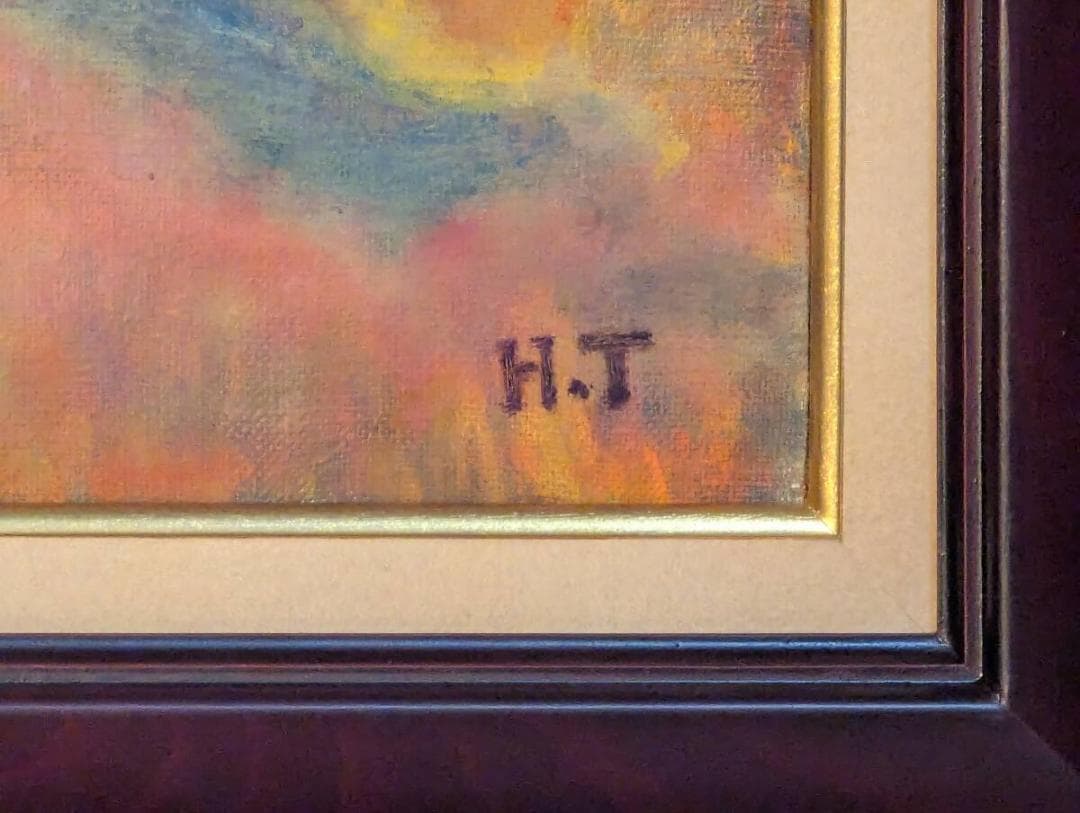 【真作】絵画　油彩8号　秋彩の山並み　柔らかな筆致が描く湖畔の風景画　Y105