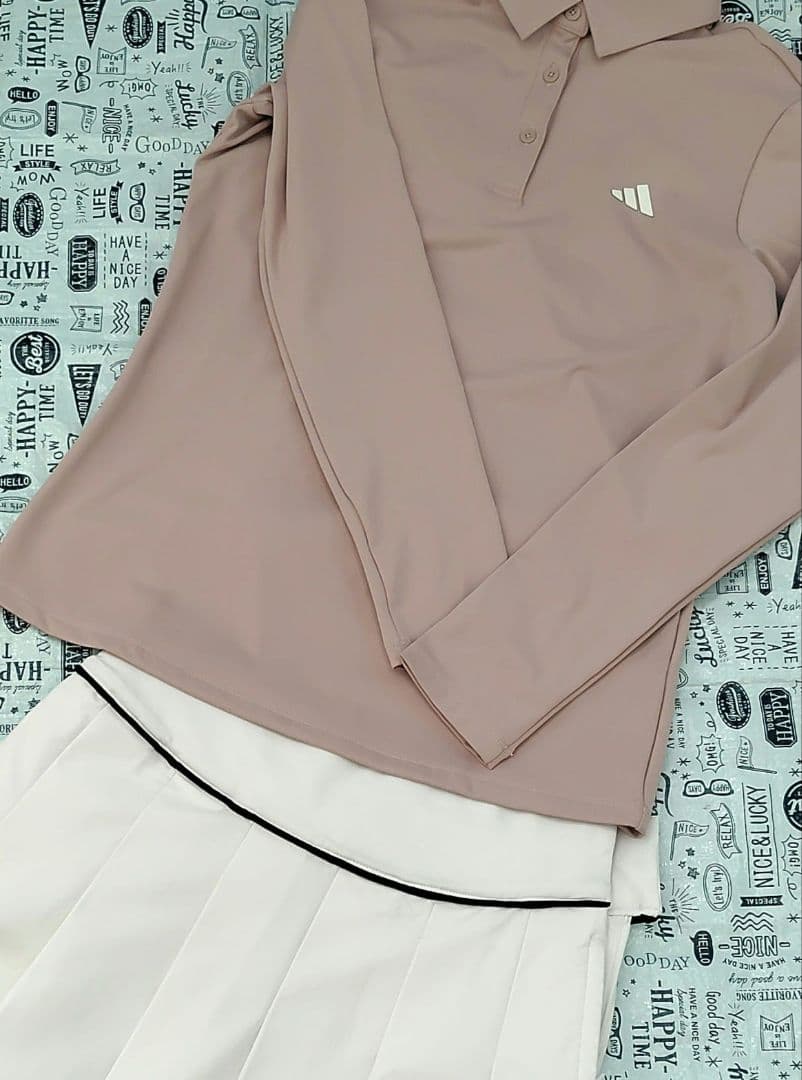 adidas ゴルフ ピンク長袖ポロシャツ&ホワイトスカートセット