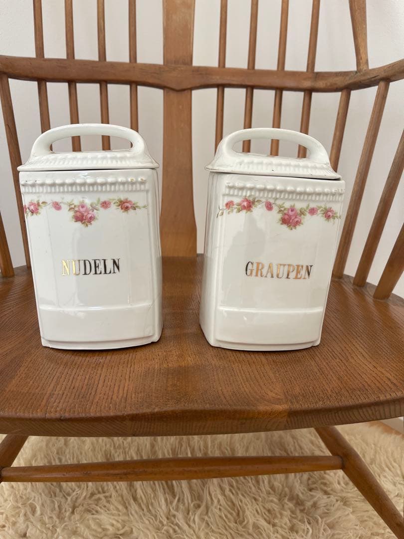 2個set★アンティーク陶器キャニスター金文字ロゴ入りフランスイギリス薔薇イマン