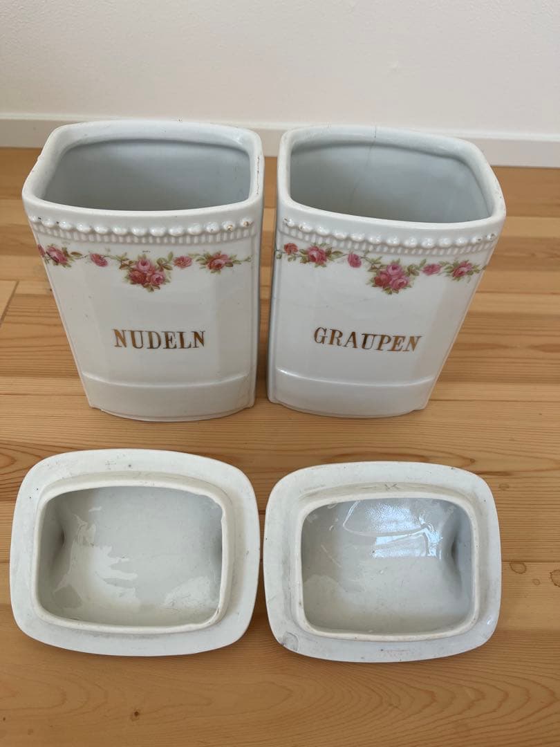 2個set★アンティーク陶器キャニスター金文字ロゴ入りフランスイギリス薔薇イマン