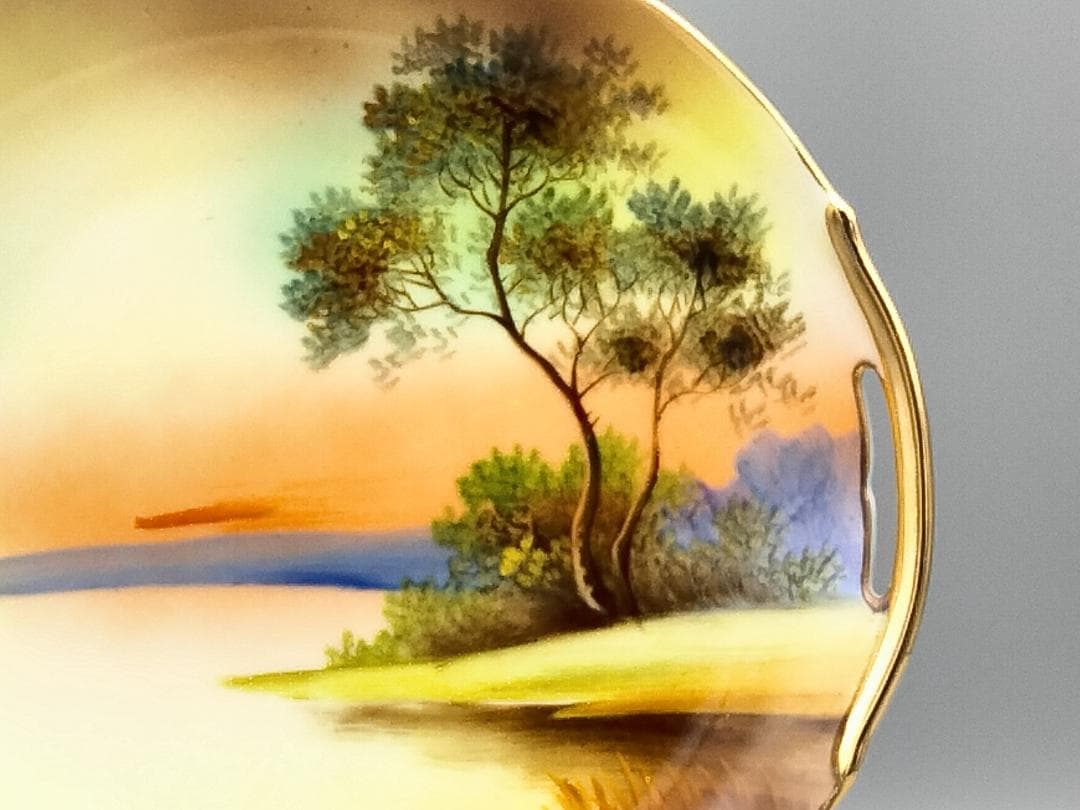 オールドノリタケ　ツリー イン ザ メドウ　金縁　ダブルハンドルケーキプレート