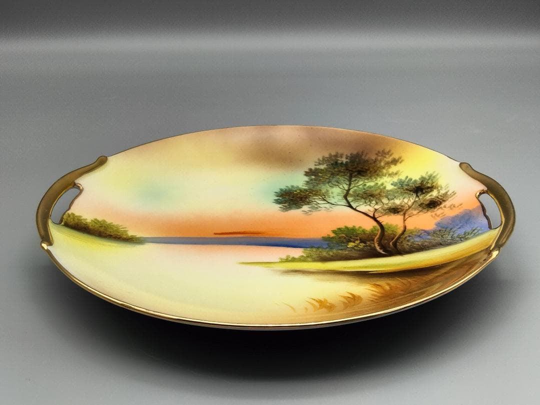 オールドノリタケ　ツリー イン ザ メドウ　金縁　ダブルハンドルケーキプレート