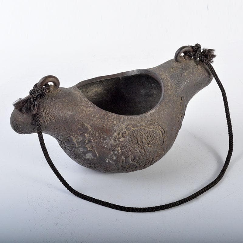 古銅宣徳銅　漢詩神獣刻　掛花生　掛香炉　G　R4338