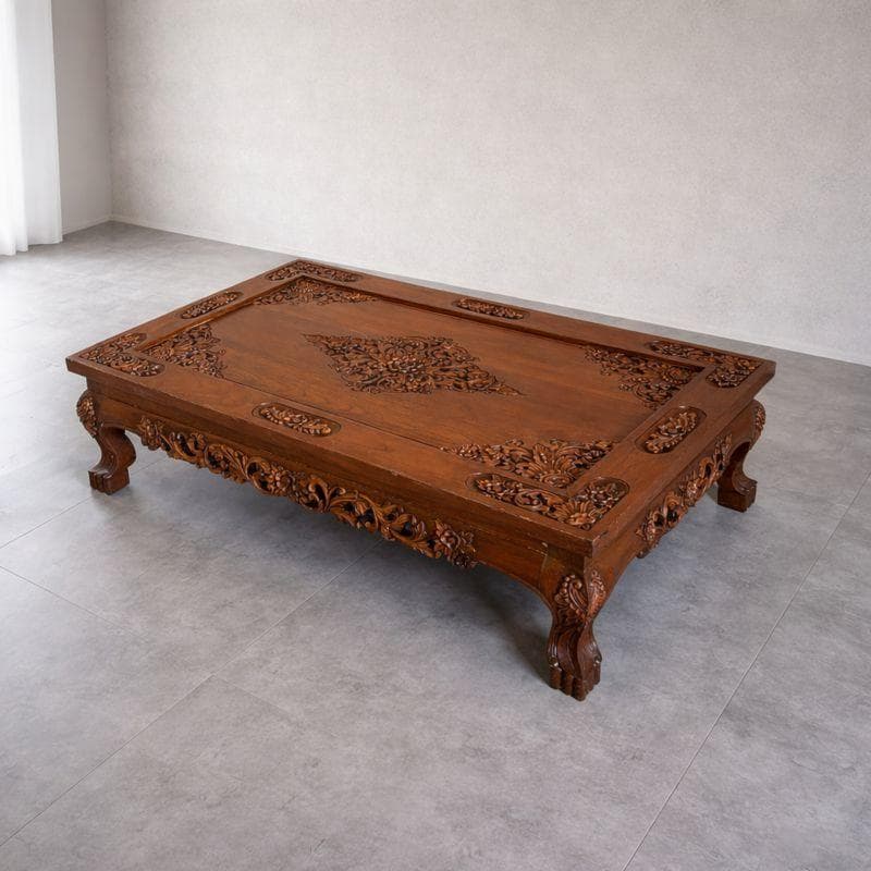 アジアン家具 彫刻 ローテーブル＋木製椅子4脚セット