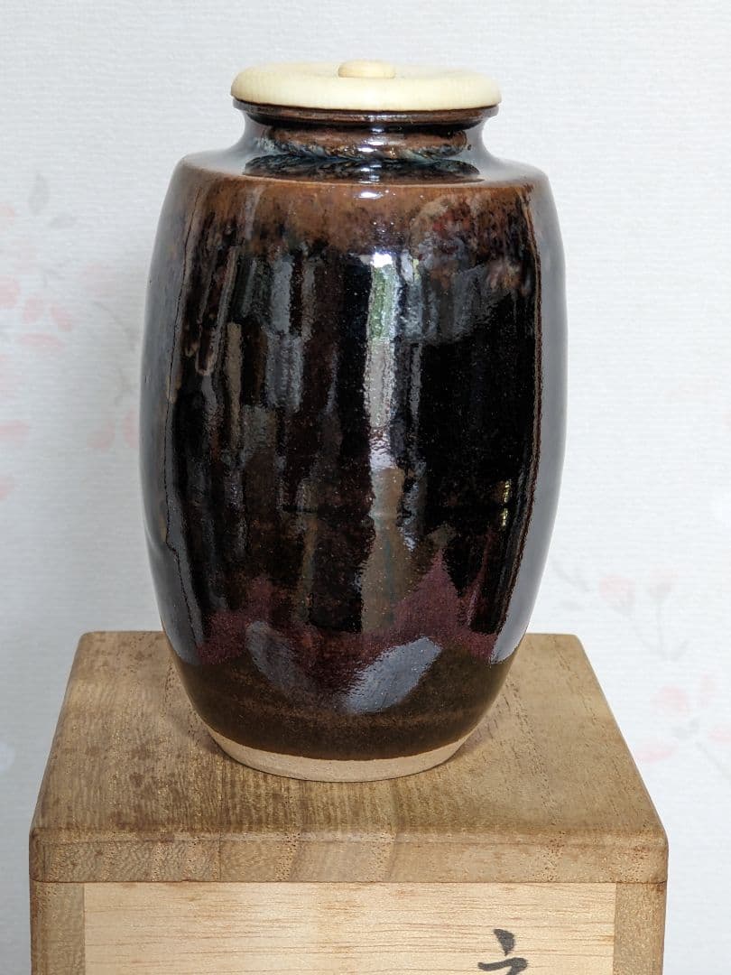 ♦茶道具 肩衝茶入 平安作 仕覆付き 薩摩間道 名物裂 共箱入 美術品 工芸品