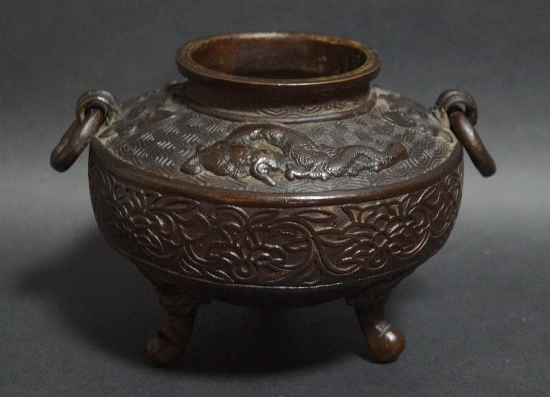 明治期 銅製 金工細工『遊龍唐草七宝繋文』香炉 獣双耳遊環付 茶道具/ 香道具