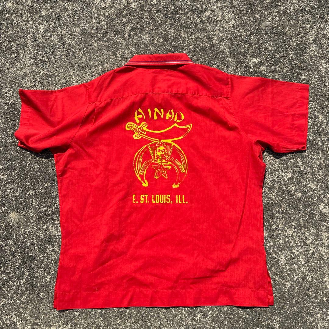 70s king louie キングルイ赤色ボウリングシャツ　フリーメイソン