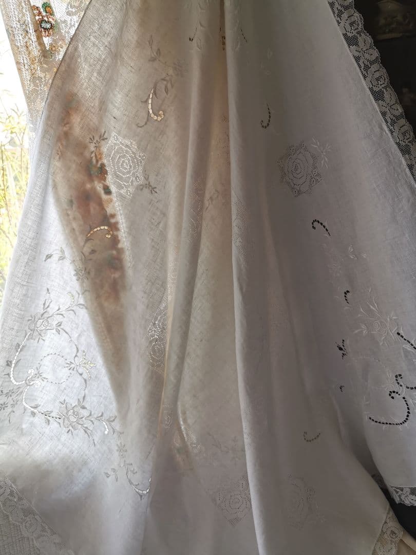 アンティーク手織りアイリッシュリネン フィレレース＆ニードルワーク 大判クロス