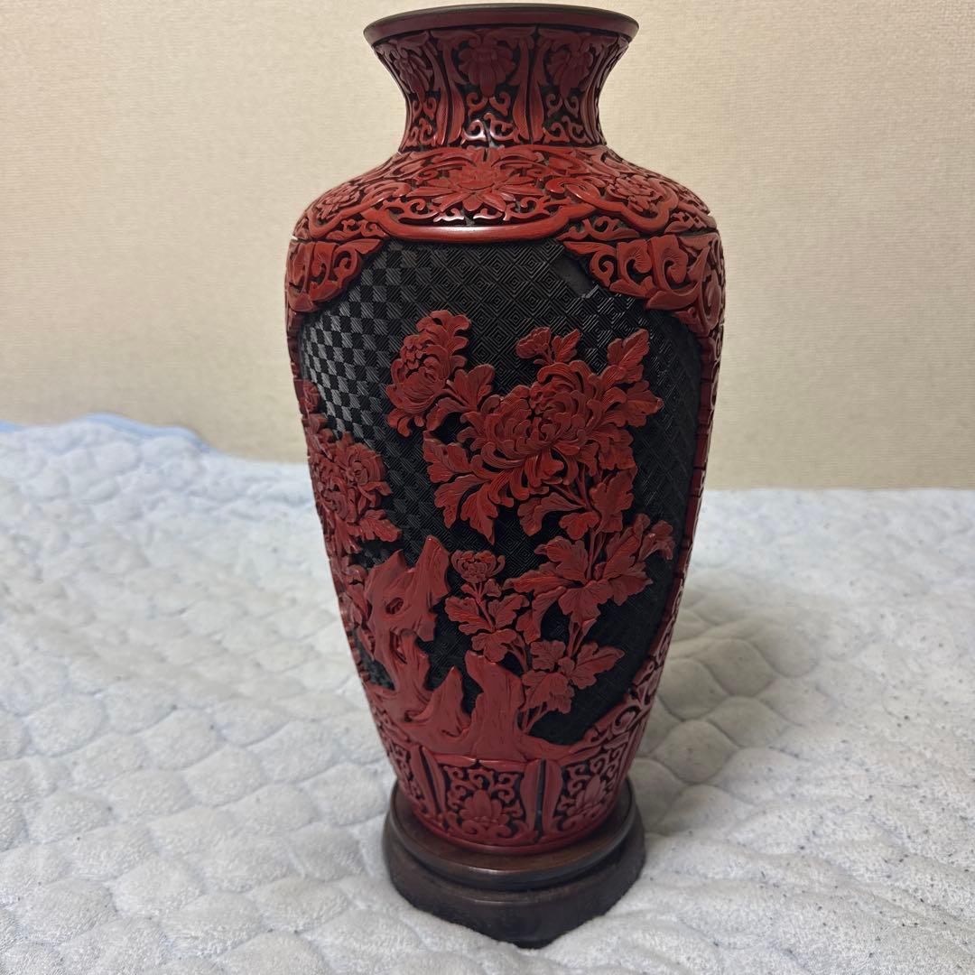 中国美術 大花瓶 堆朱 堆黑 花鳥 唐木台 紫檀 花梨 一輪挿し美品