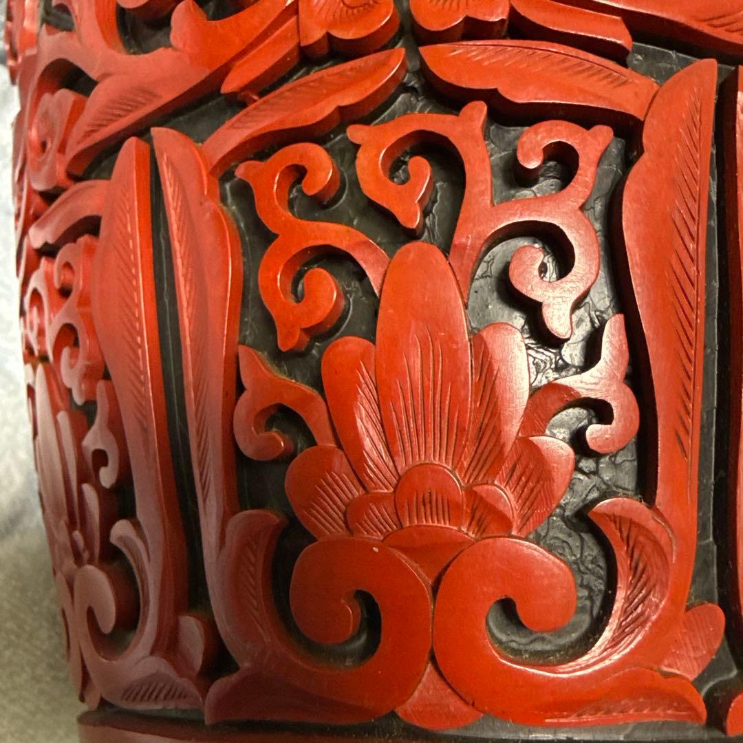 中国美術 大花瓶 堆朱 堆黑 花鳥 唐木台 紫檀 花梨 一輪挿し美品